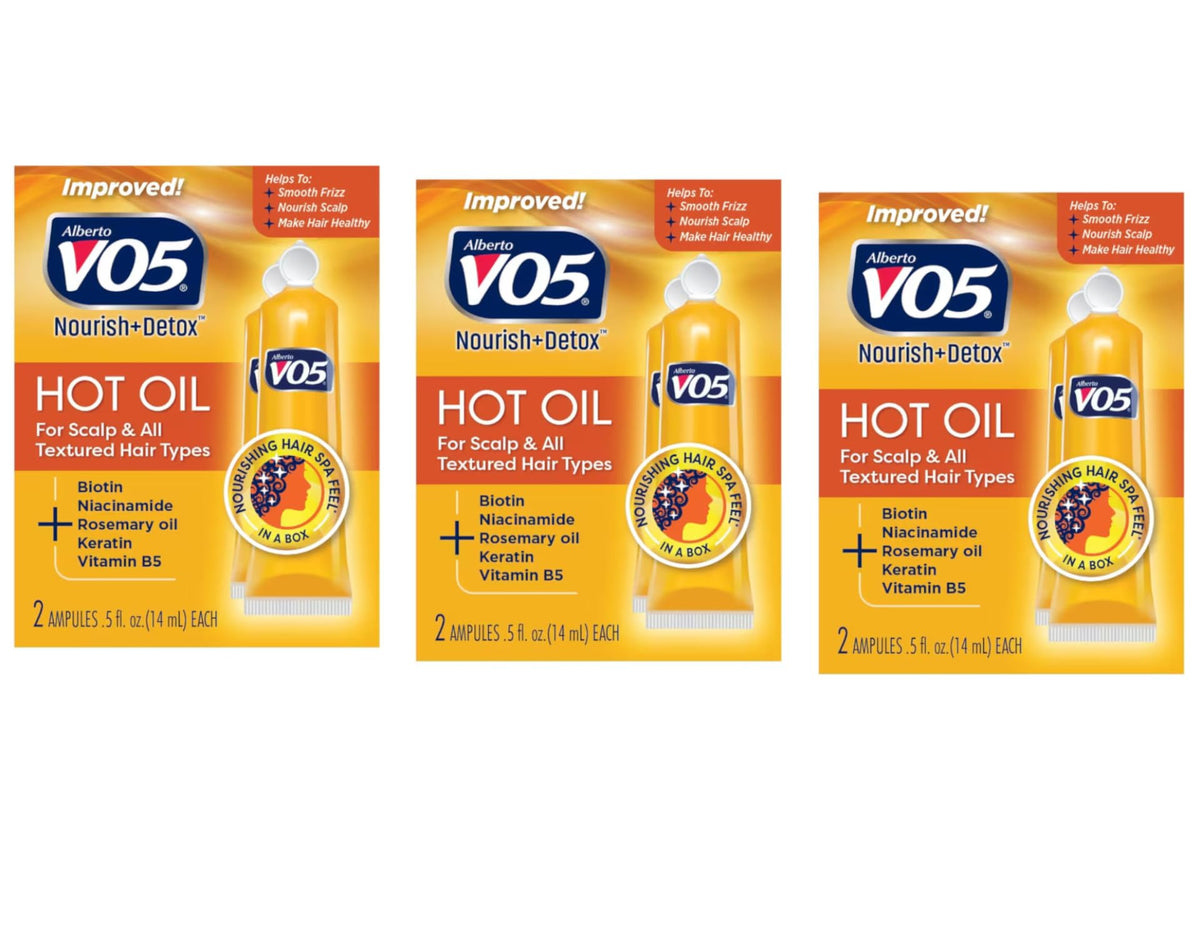 Alberto VO5 Hot Oil Therapy bottle-front highlighting hair nourishment and shine boost.