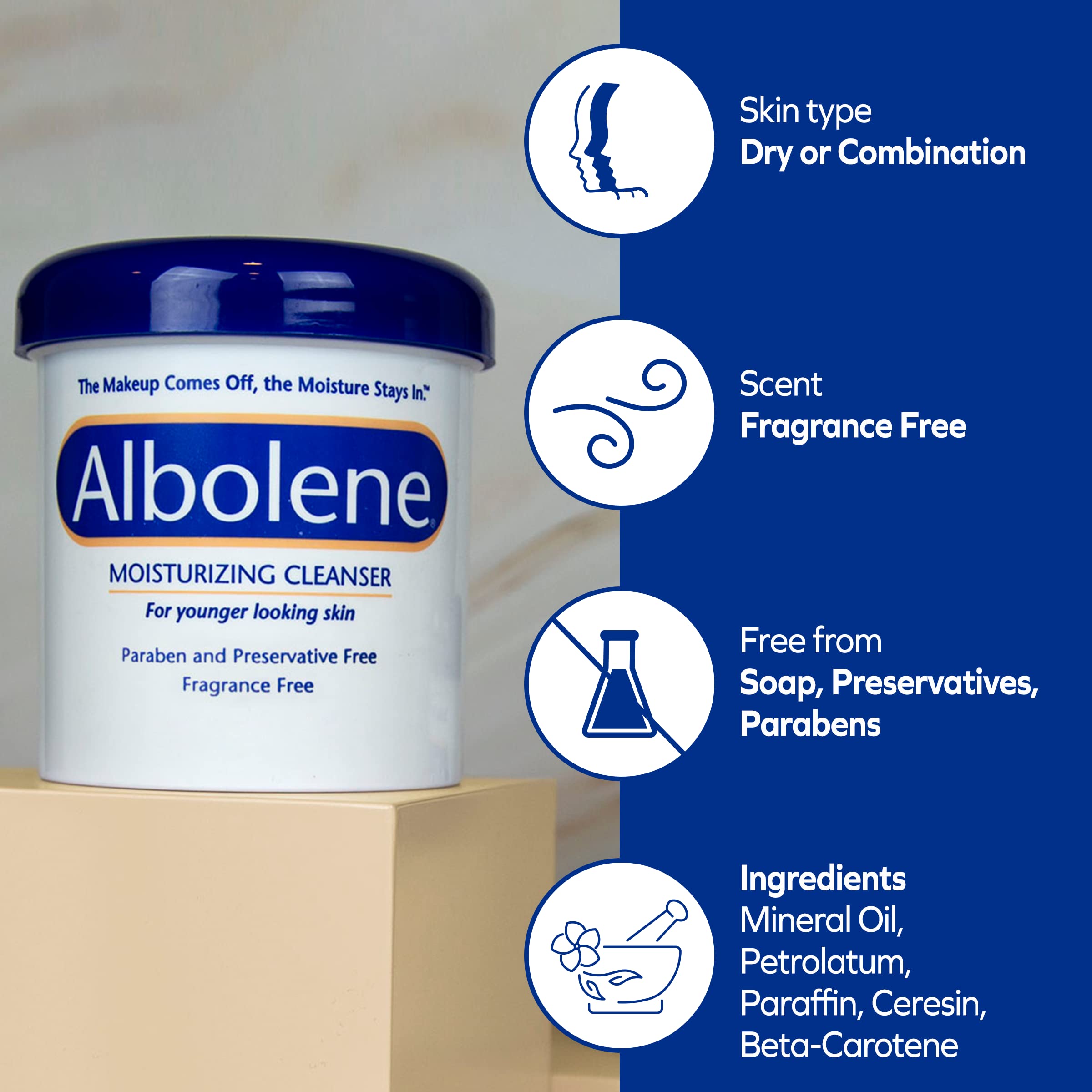 Albolene fragrance-free cleanser on dry skin before skincare routine.