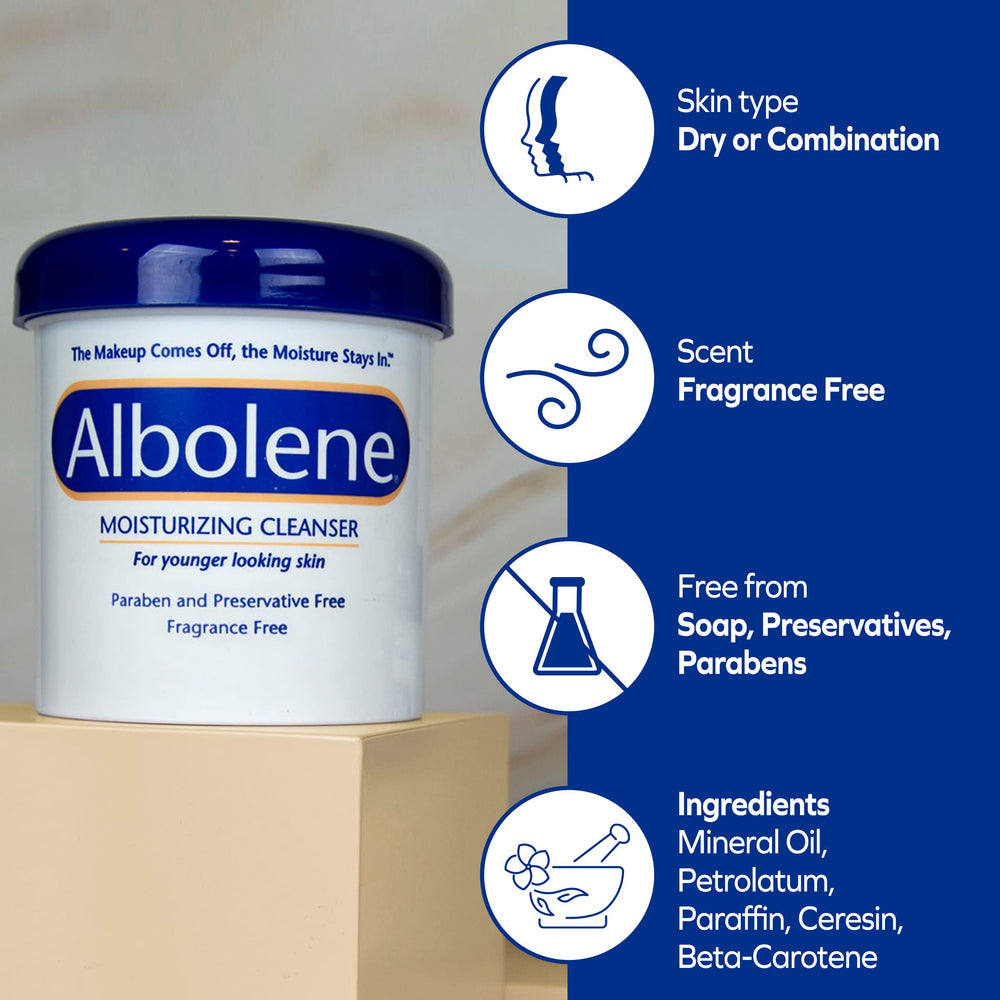 Albolene fragrance-free cleanser on dry skin before skincare routine.
