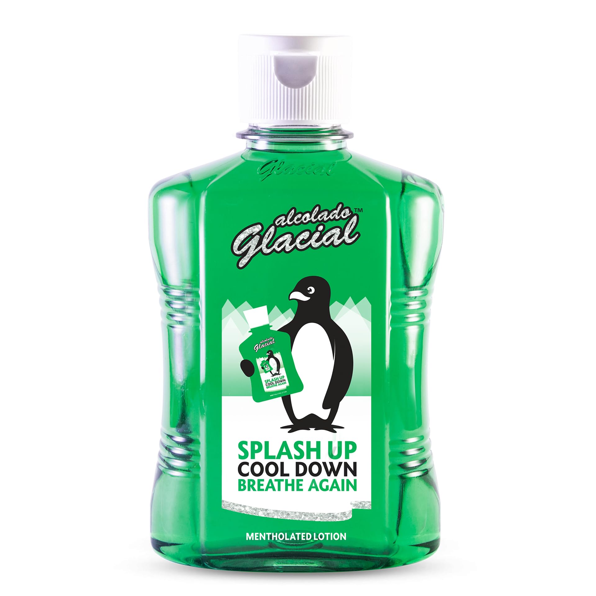 Alcolado Glacial mentholated splash lotion bottle cooling relief.