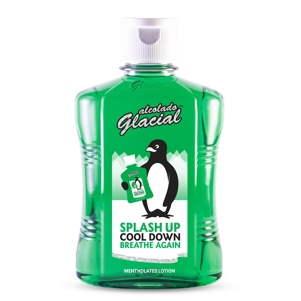 Alcolado Glacial mentholated splash lotion bottle cooling relief.