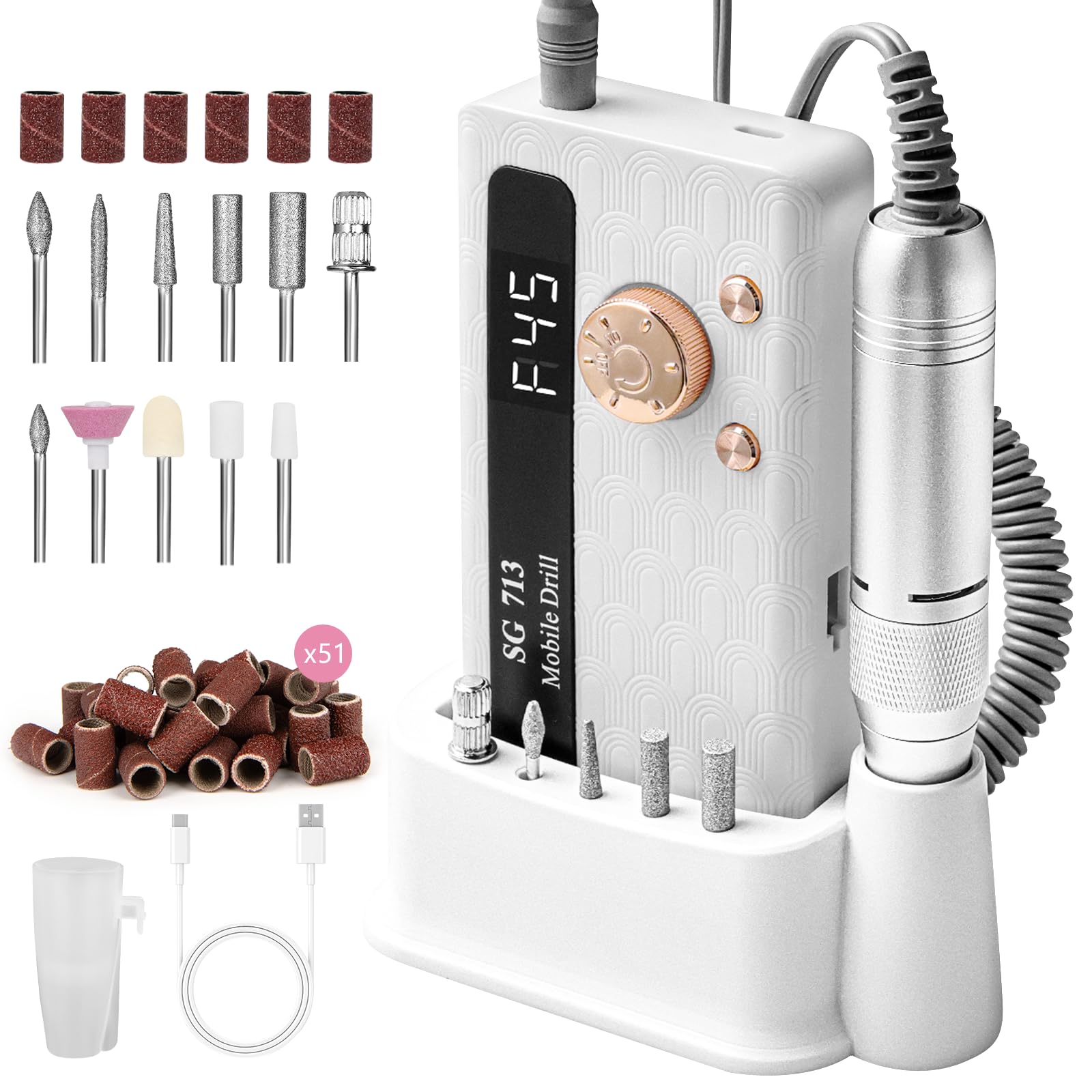 Aleanu electric nail file front view shows 45000RPM speed for fast acrylic prep