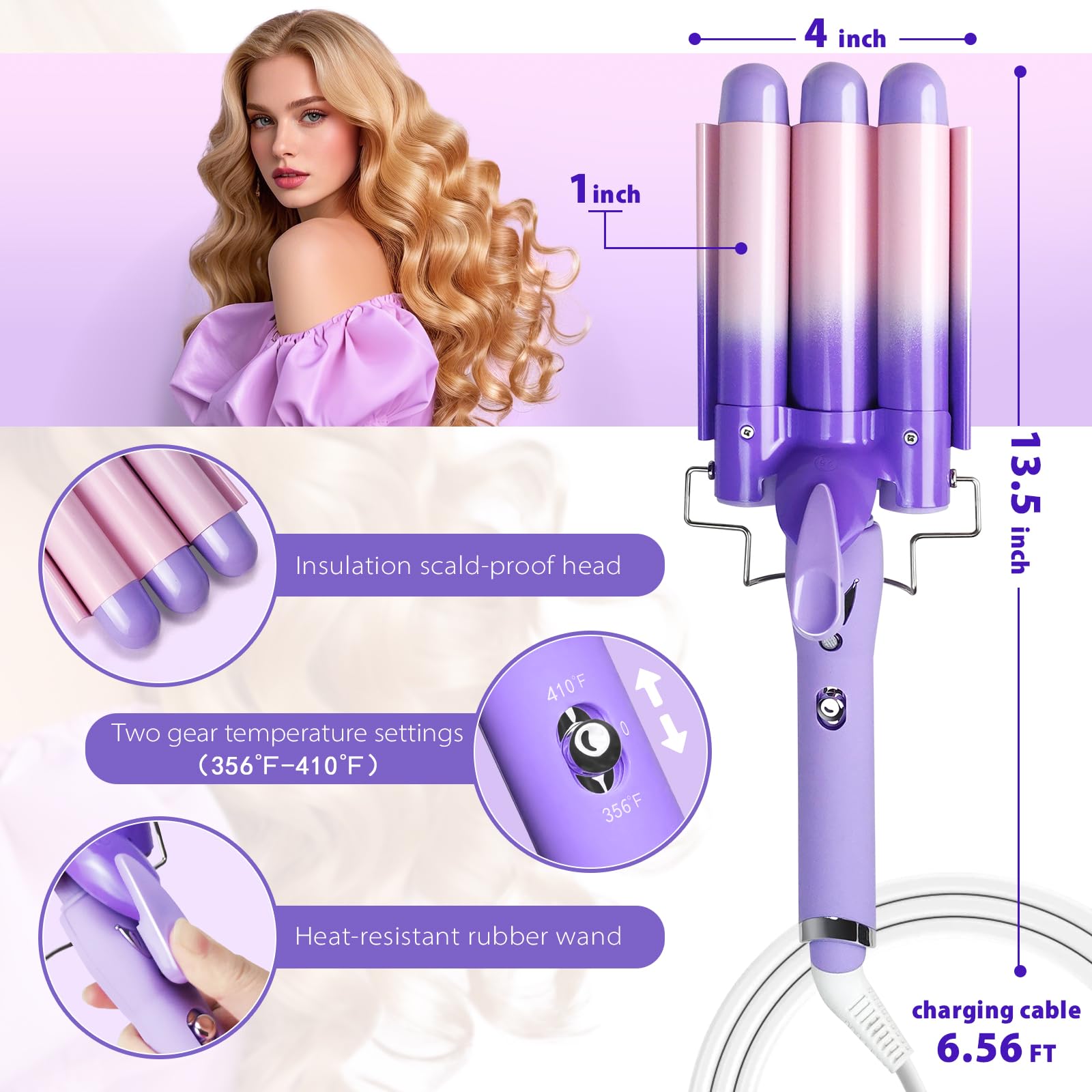 360-degree rotating purple wand enabling smooth styling from any angle