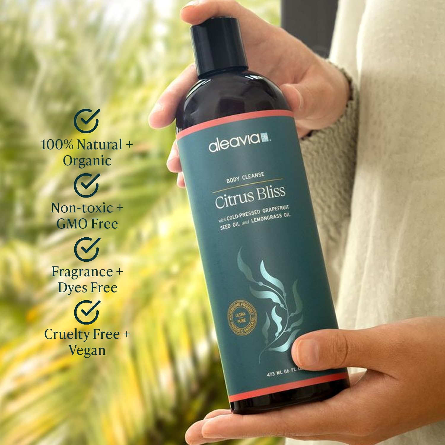 Aleavia Citrus Bliss bottle pump demonstrates easy daily cleansing