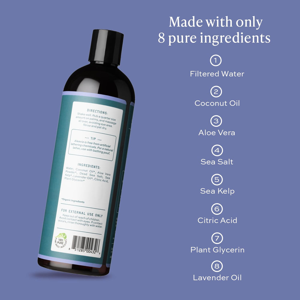 Aleavia Lavender Body Cleanse lather closeup shows rich foam and gentle cleansing