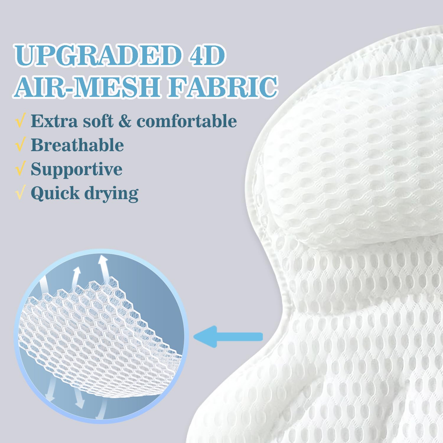 Aleponna Bath Pillow with 4D Air-Mesh for breathability and quick drying.