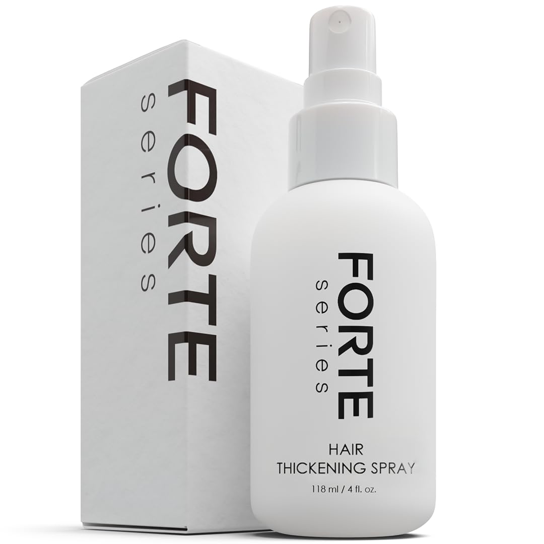Alex Costa Forte Series thickening spray bottle closeup shows instant volume boost for fine hair.