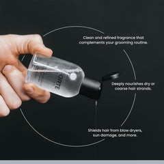 Alex Costa argan oil pump dispense demonstrates convenient application for pre-styling prep.