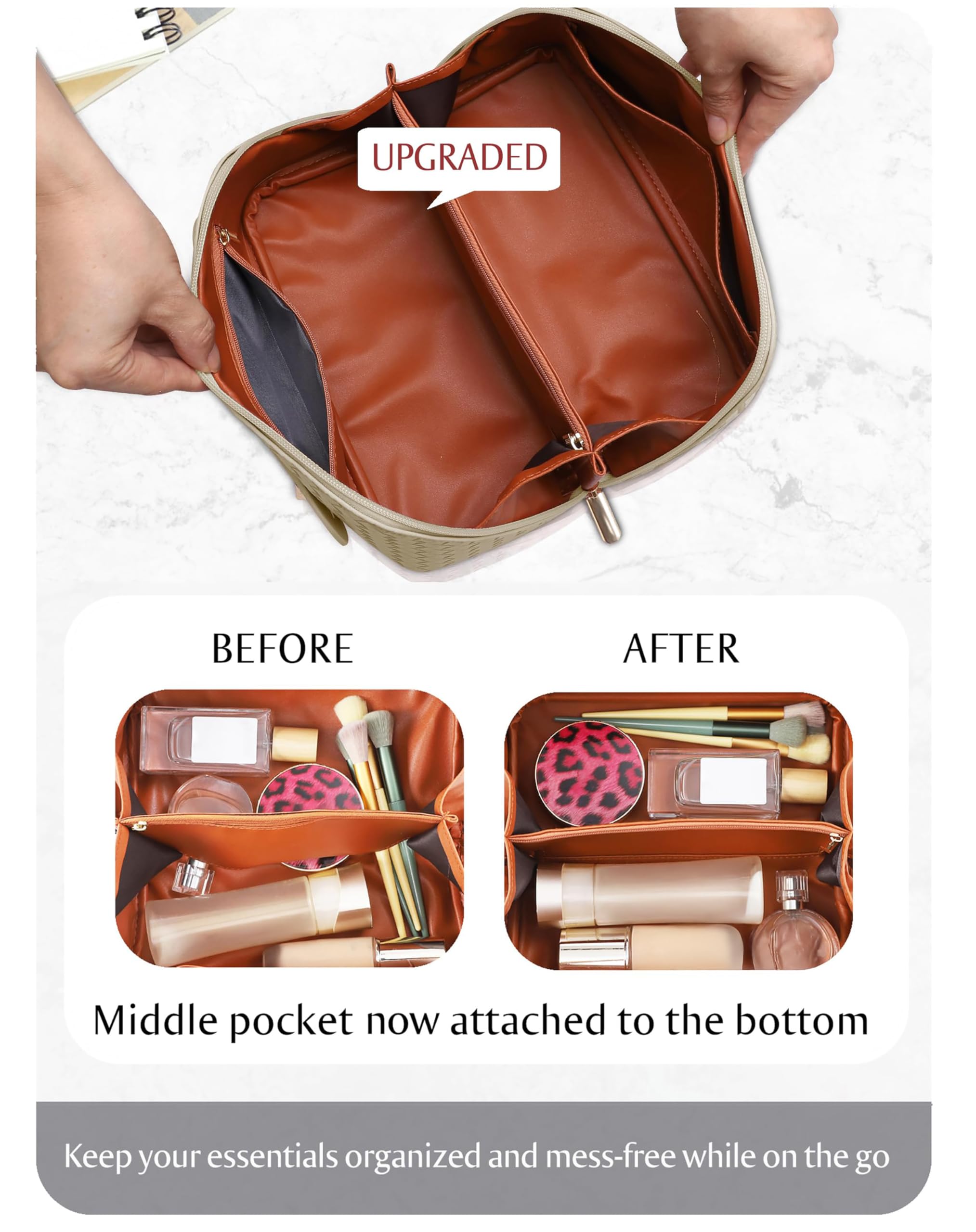 ALEXTINA divider pouch keeps cosmetics and skincare neatly separated.