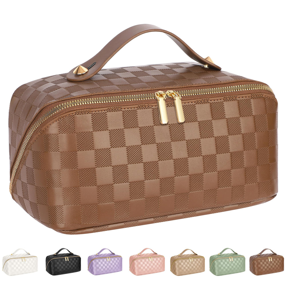 ALEXTINA large-capacity travel cosmetic bag in brown with organized compartments for on-the-go makeup.