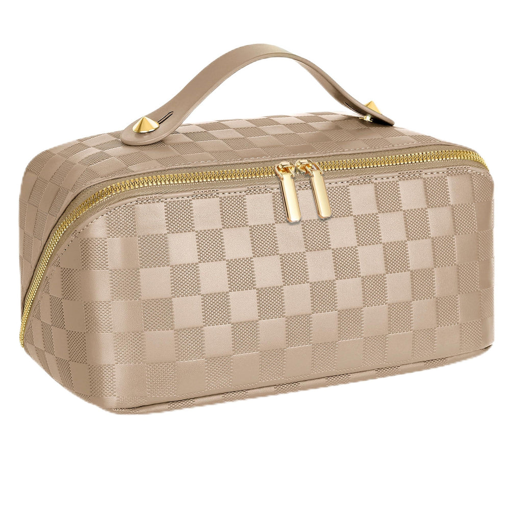 ALEXTINA large-capacity travel cosmetic bag outside checkered design keeps cosmetics organized while traveling.