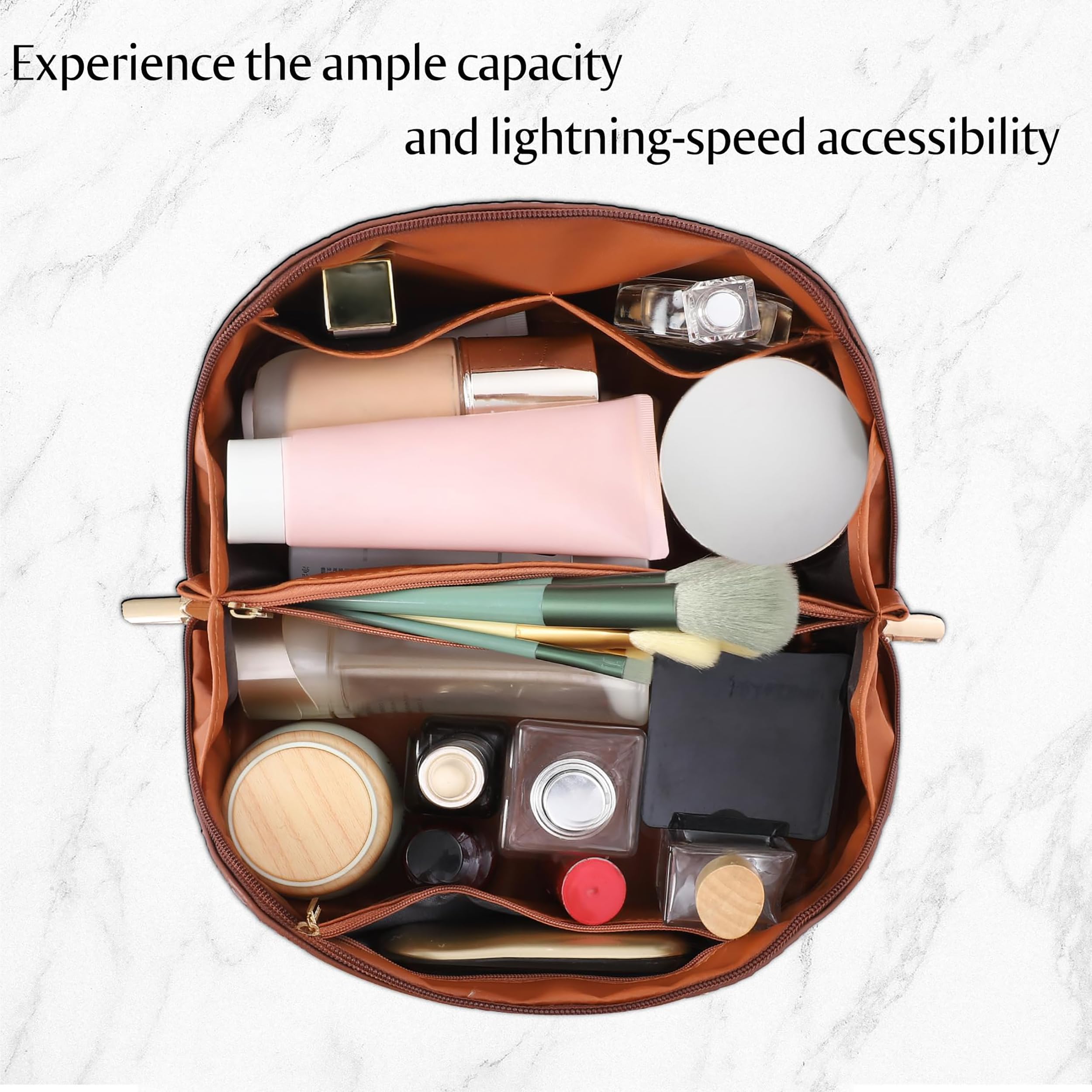 ALEXTINA travel cosmetic bag inside compartments separate skincare and makeup neatly.