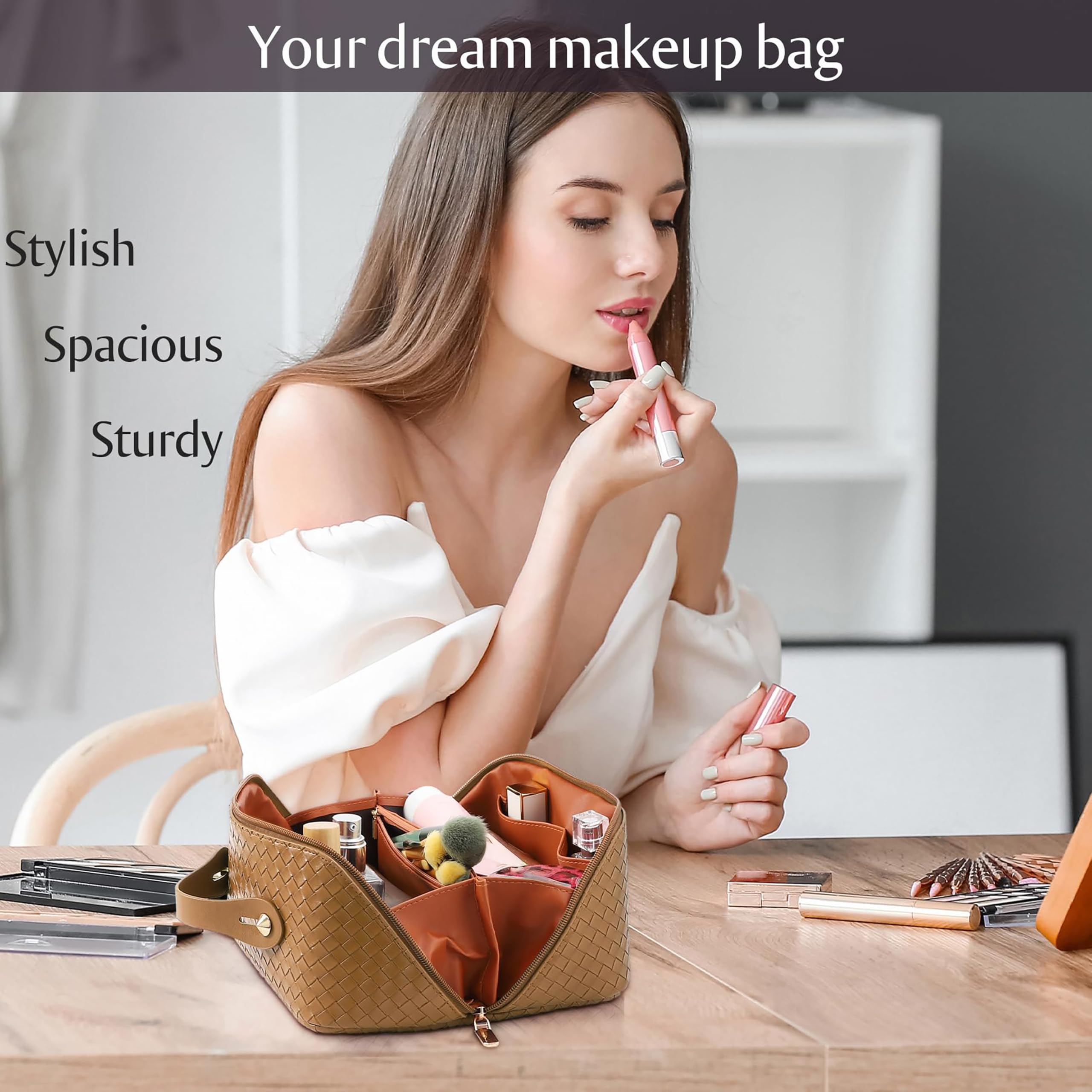 ALEXTINA travel cosmetic bag open 180-degree enables quick access during travel.