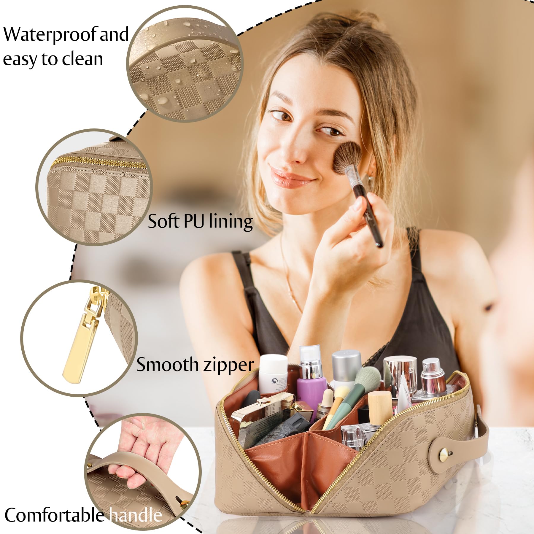 ALEXTINA bag with multiple compartments and a divider keeps brushes, lipsticks, and skincare neatly separated.
