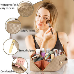 ALEXTINA bag with multiple compartments and a divider keeps brushes, lipsticks, and skincare neatly separated.