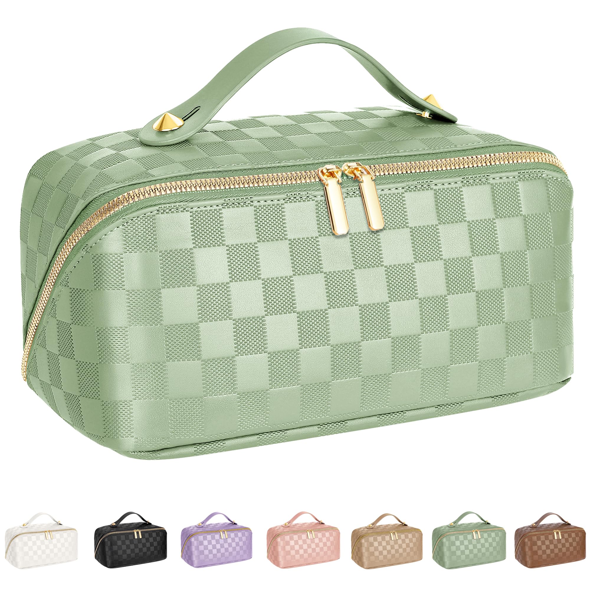 ALEXTINA travel makeup bag opens flat for quick access to essentials.