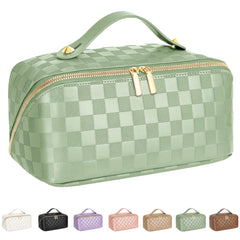 ALEXTINA travel makeup bag opens flat for quick access to essentials.