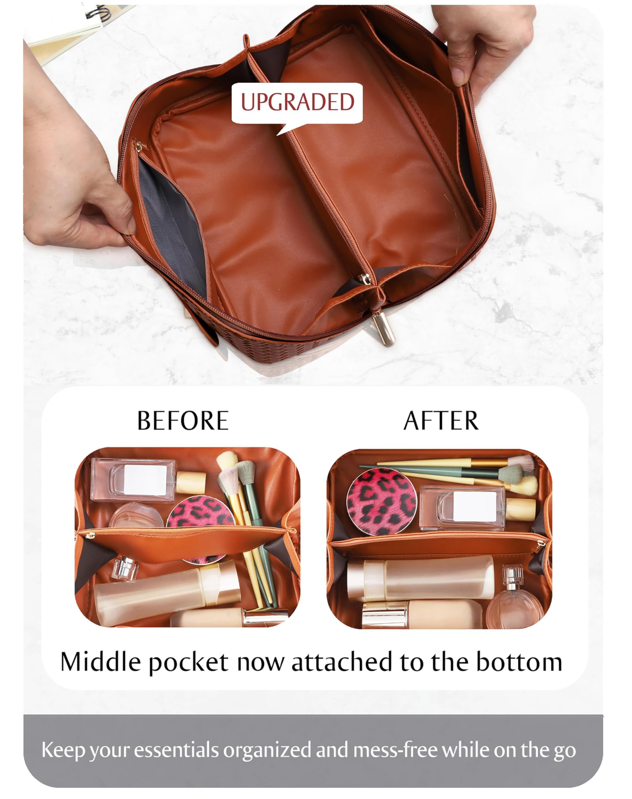 ALEXTINA travel pouch divider helps organize items across two compartments.