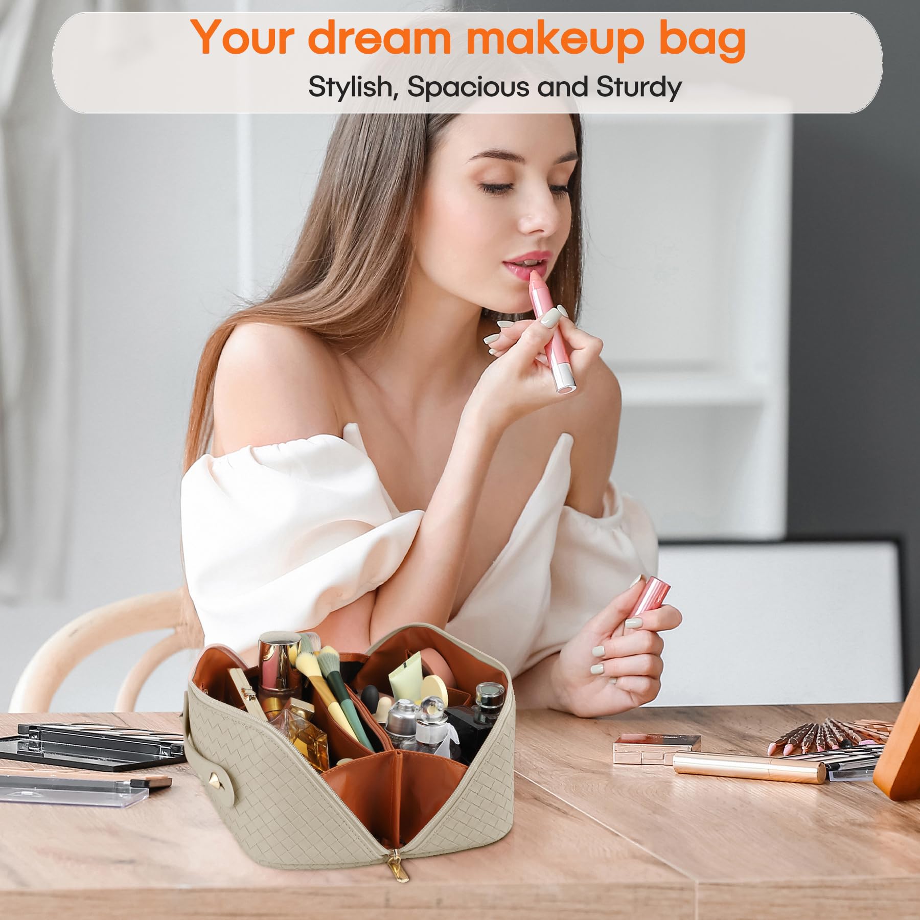 ALEXTINA wide-opening design for quick makeup access during travel.