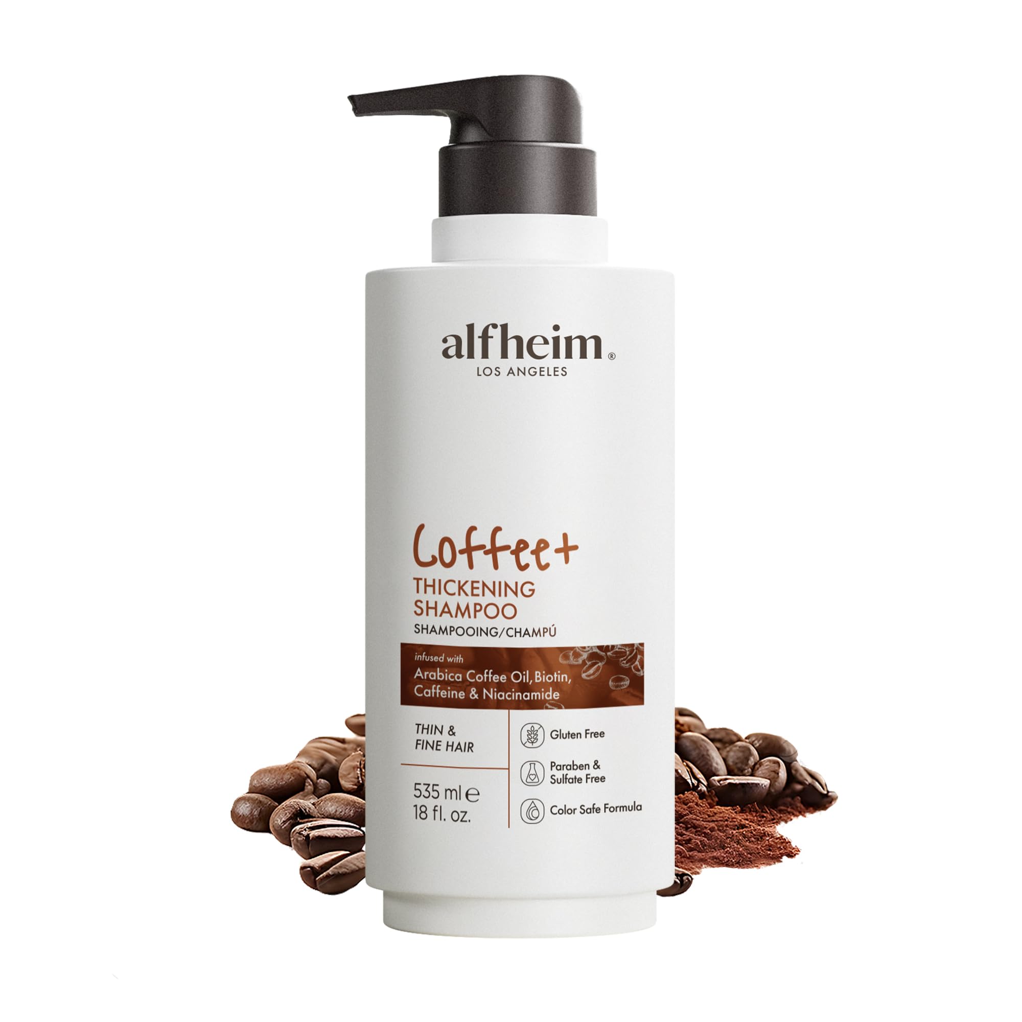 ALFHEIM Coffee+ Shampoo bottle closeup showing invigorating formula for fuller-looking hair