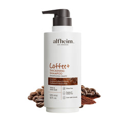 ALFHEIM Coffee+ Shampoo bottle closeup showing invigorating formula for fuller-looking hair