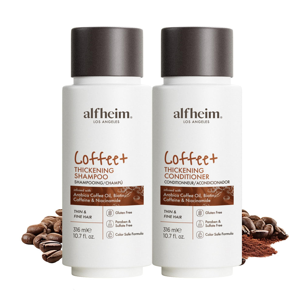 ALFHEIM Coffee+ Shampoo bottle shows sulfate-free cleansing for lightweight wash.