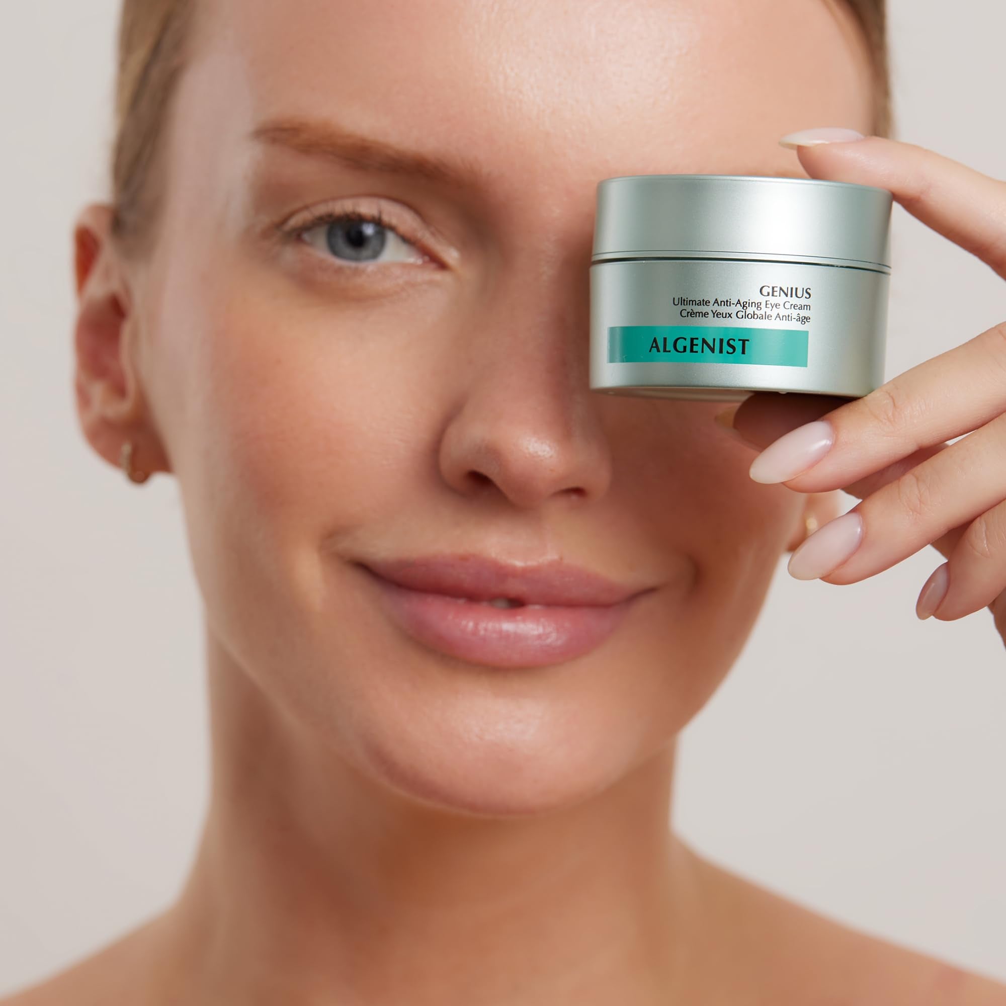 Algenist Genius eye area closeup highlighting smoother, hydrated skin around the eye contour