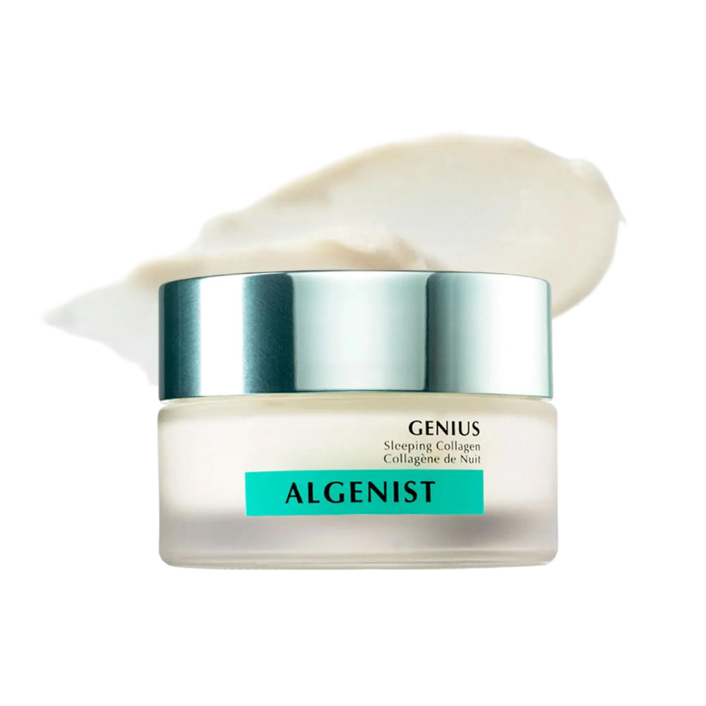 Algenist GENIUS Sleeping Collagen Night Cream jar close-up highlighting rich overnight hydration