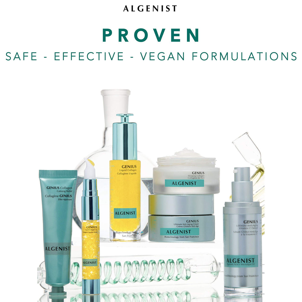Algenist Power Recharging Night Pressed Serum ingredients Alguronic Acid and AlgaProtein highlighted