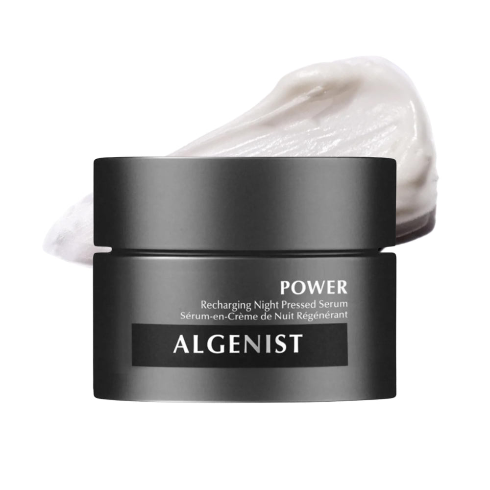 Algenist Power Recharging Night Pressed Serum packaging closeup highlights vegan formula for overnight skincare