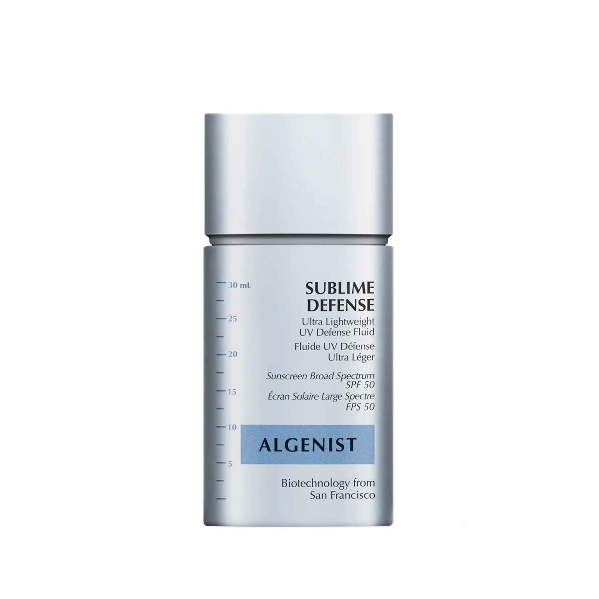 Algenist Sublime Defense bottle shows lightweight SPF50 protection for daily use.
