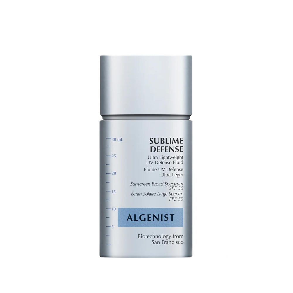 Algenist Sublime Defense bottle shows lightweight SPF50 protection for daily use.