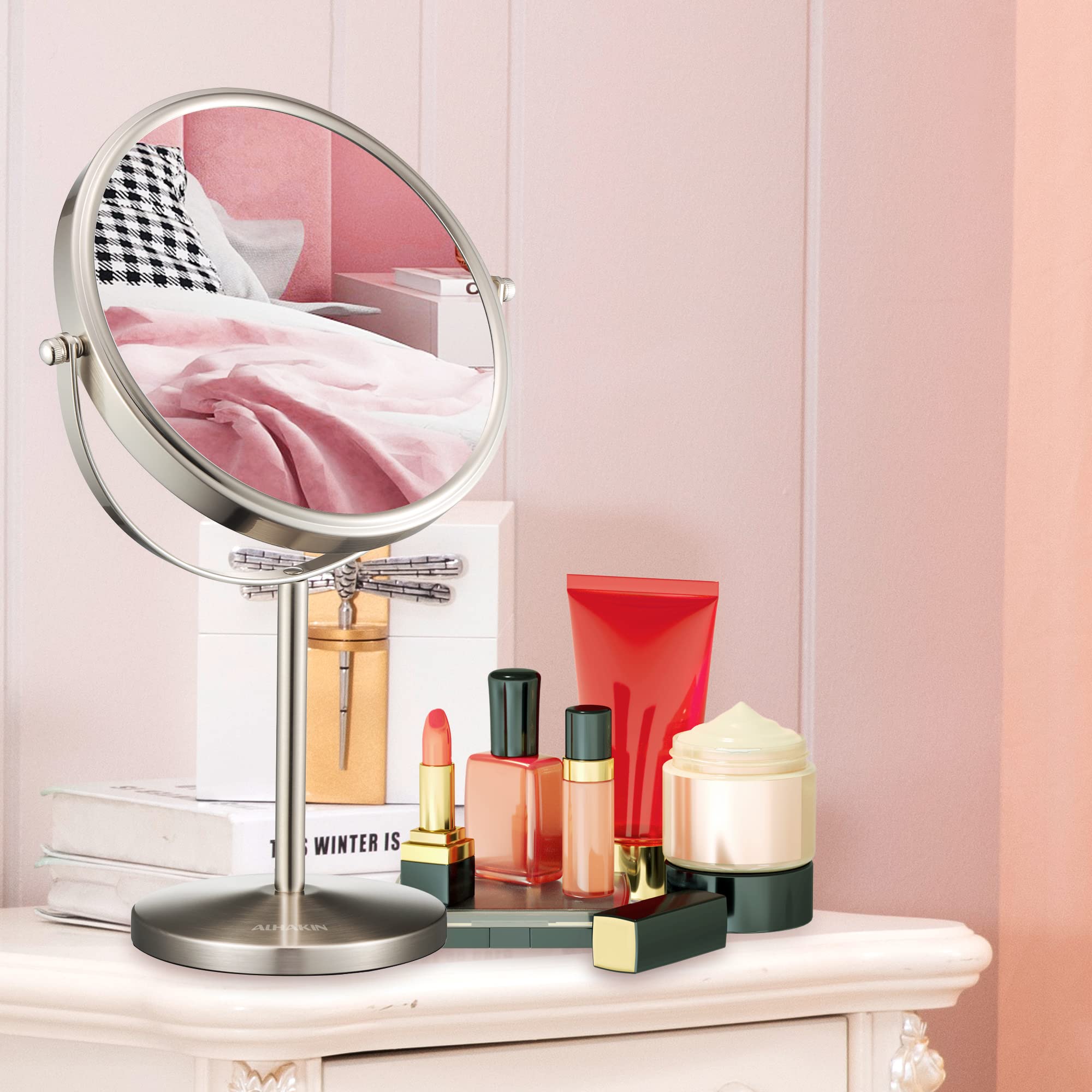 ALHAKIN travel-friendly mirror with detachable base for on-the-go touch-ups