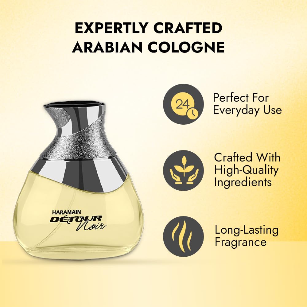 Alharamain Detour Noir vanilla musk base image shows long lasting finish