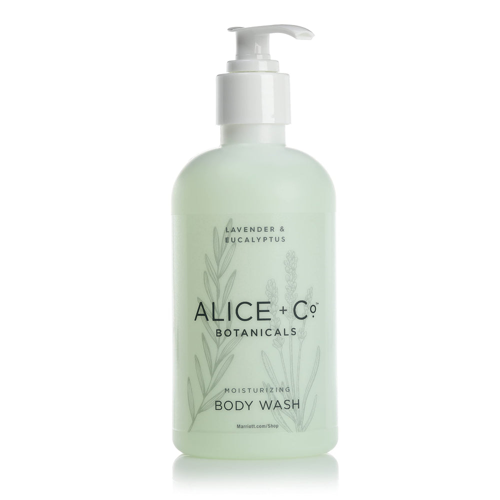 Alice + Co. Lavender & Eucalyptus body wash bottle offers calming, refreshing shower experience