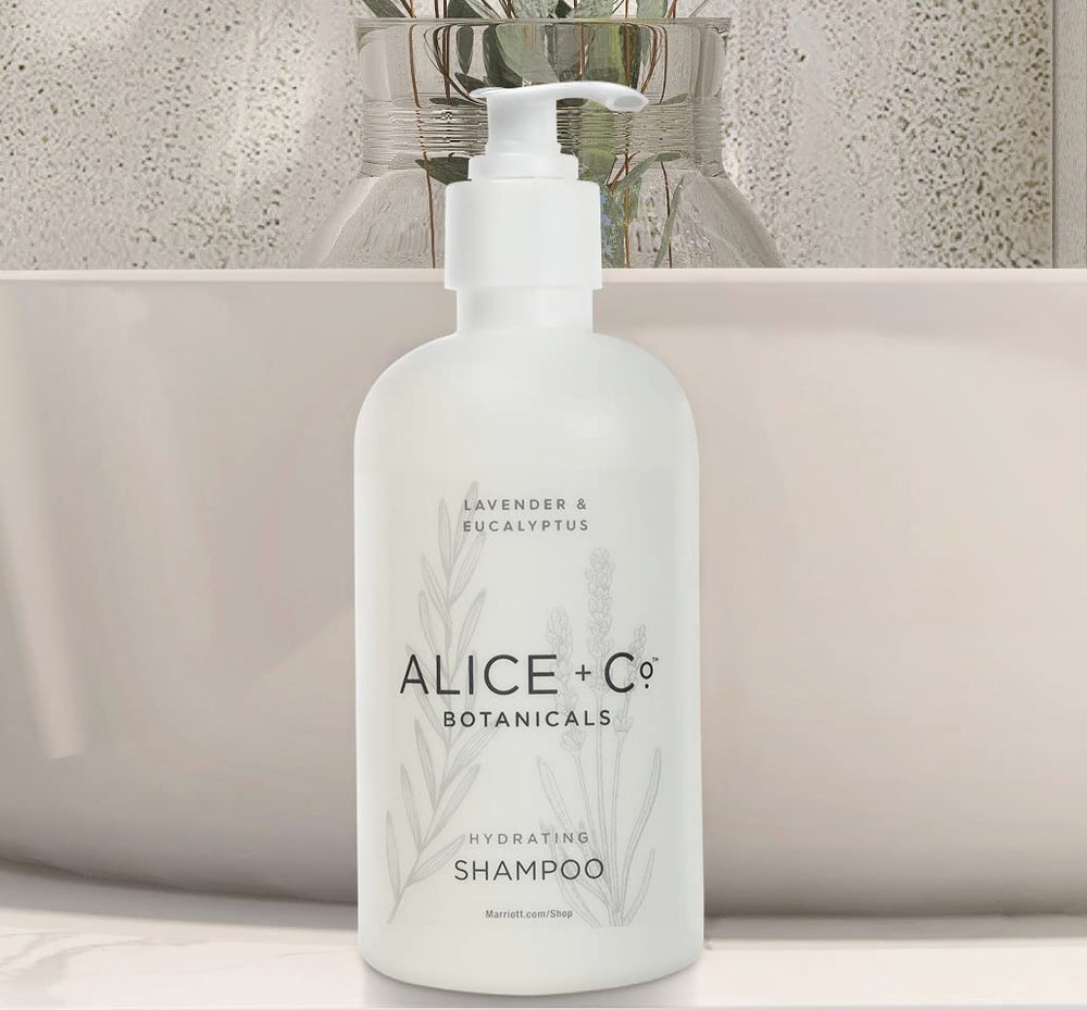 Alice + Co. hotel amenities packaging shown, mirroring Fairfield Marriott guest experience at home.