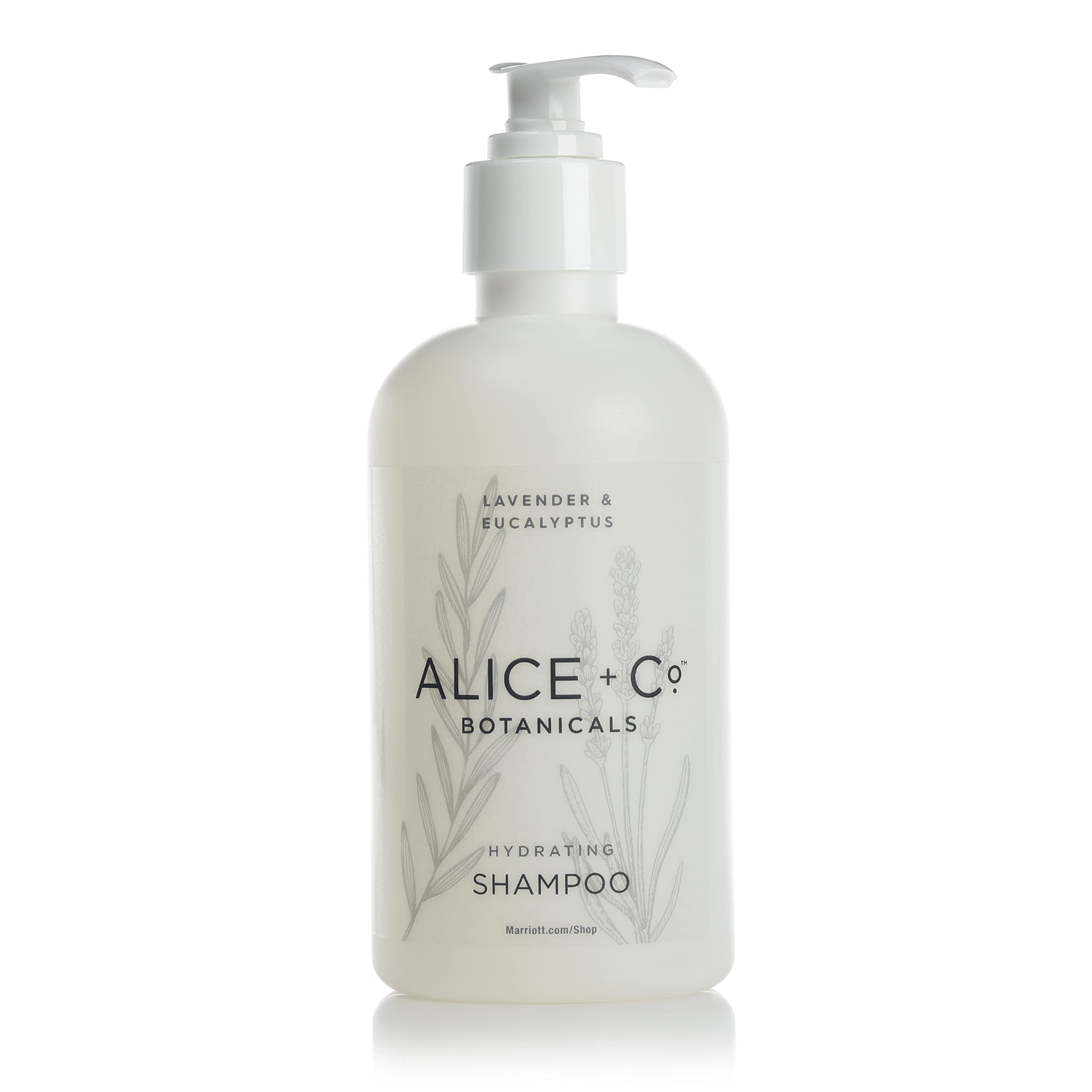 Alice + Co. Lavender & Eucalyptus shampoo bottle pour for refreshing cleanse.