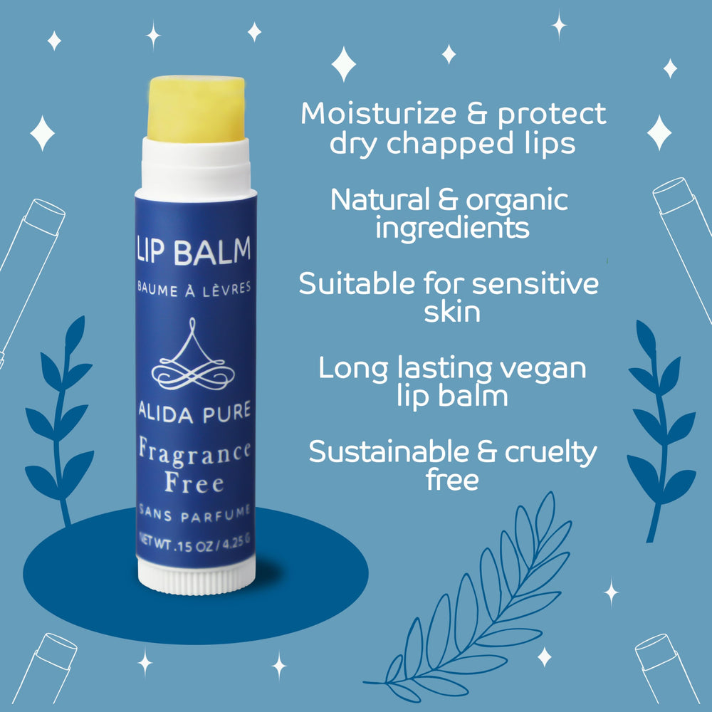 ALIDA PURE vegan lip balm tubes closeup — nourishing oils soothe cracked lips.