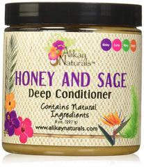 Alikay Naturals Honey and Sage deep conditioner bottle shows moisture-boosting formula