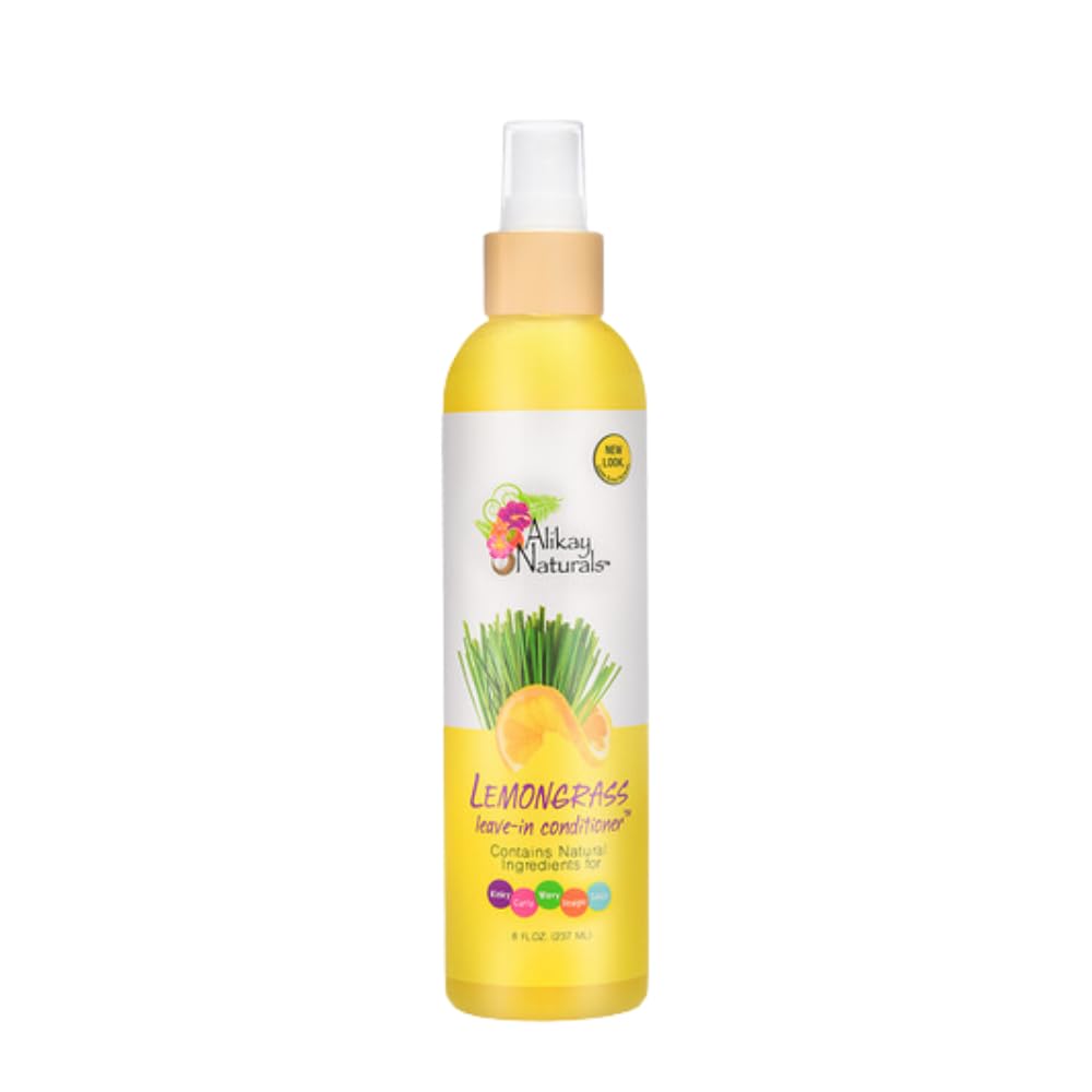 Alikay Naturals Lemongrass Leave-In bottle closeup shows nourishing formula for smoother hair.