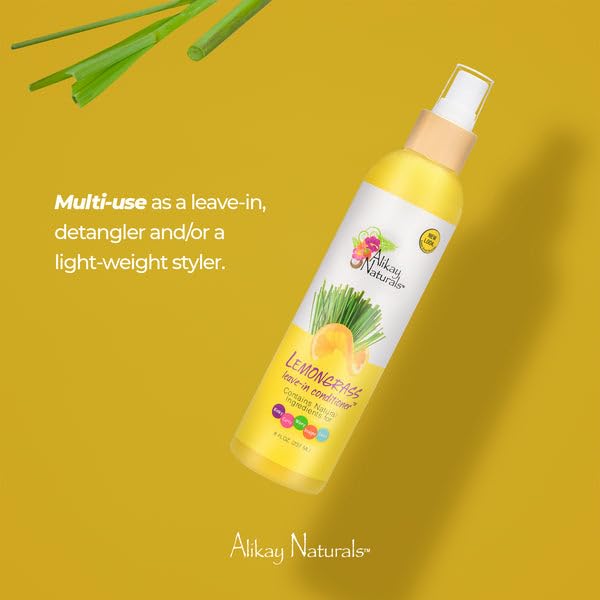 Alikay Naturals Lemongrass Leave-In label shot emphasizes nourishing care for damaged cuticles.