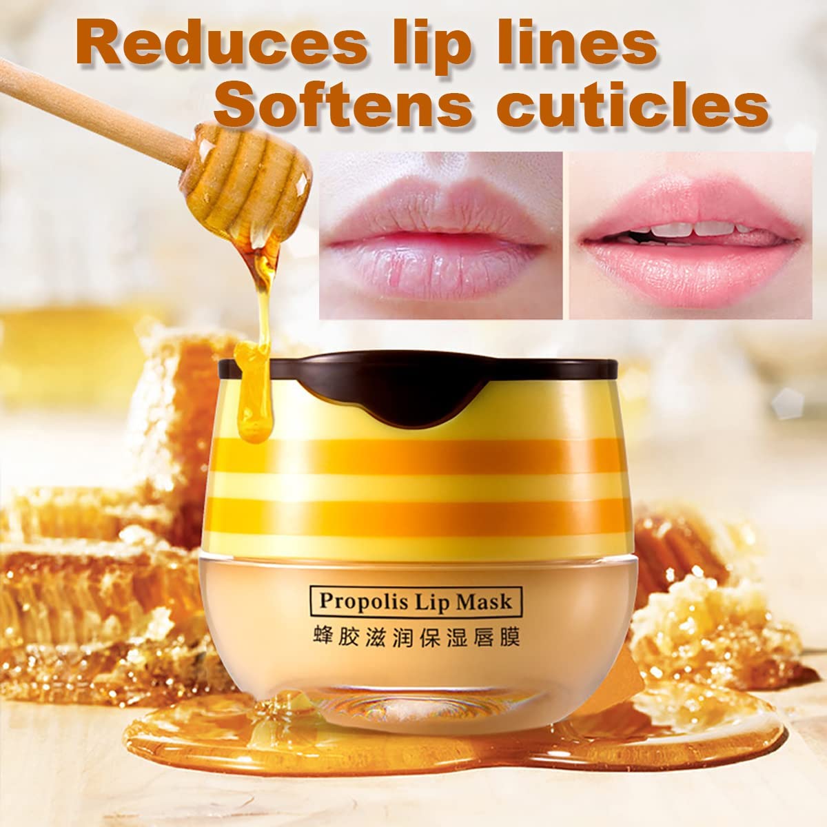 Alisesun honey lip mask jar close-up, smooth hydration from natural honey