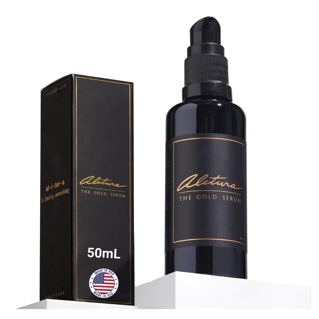 Alitura Gold Serum bottle closeup highlighting premium packaging for luxury skincare.