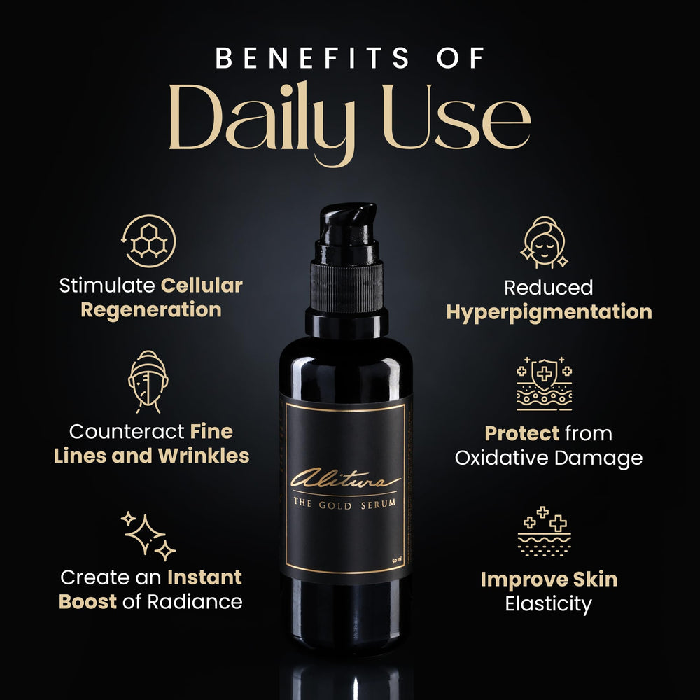 Alitura Gold Serum CoQ10 and astaxanthin visuals emphasize antioxidants protection.