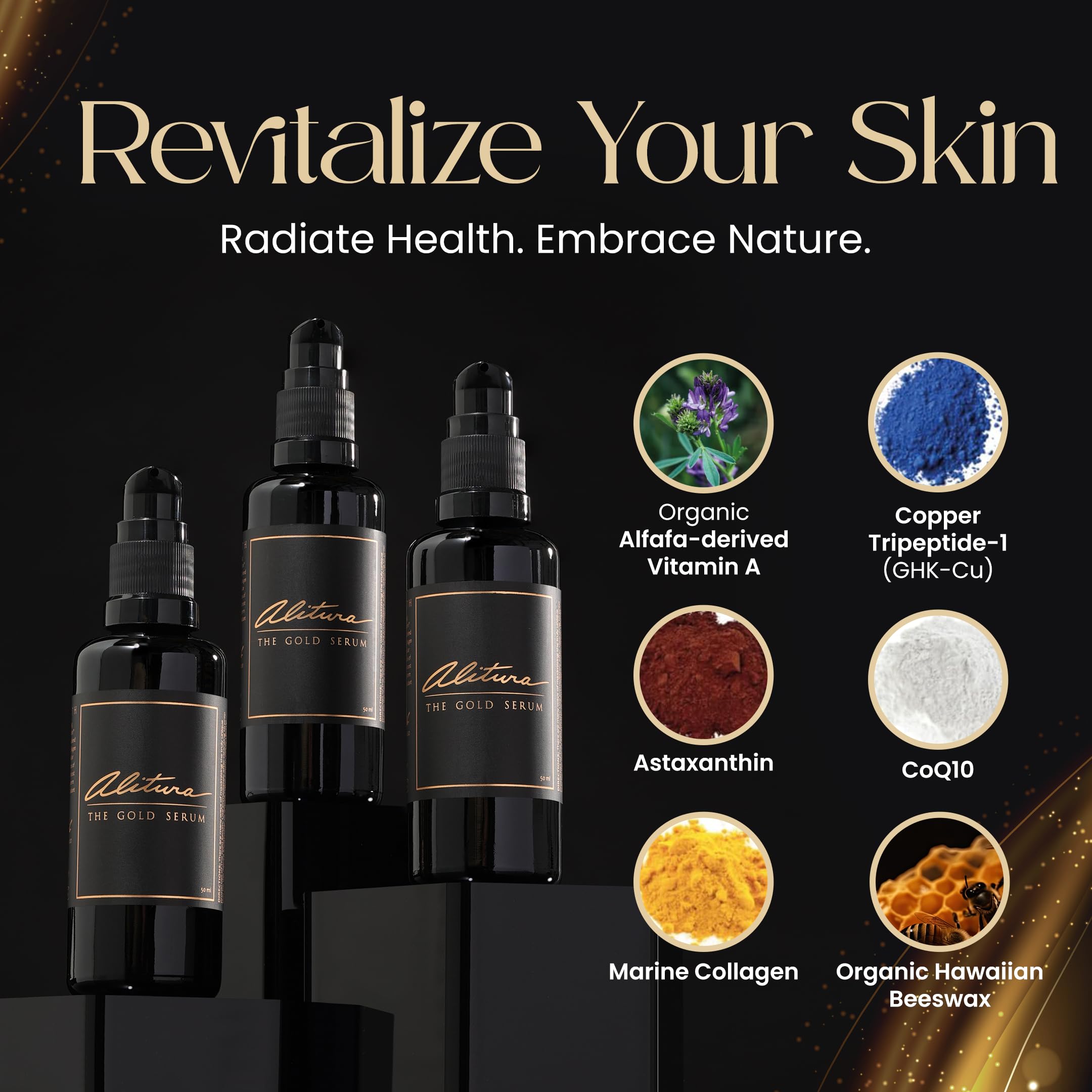 Alitura Gold Serum GHK-Cu peptides focus on skin lifting and firmness.