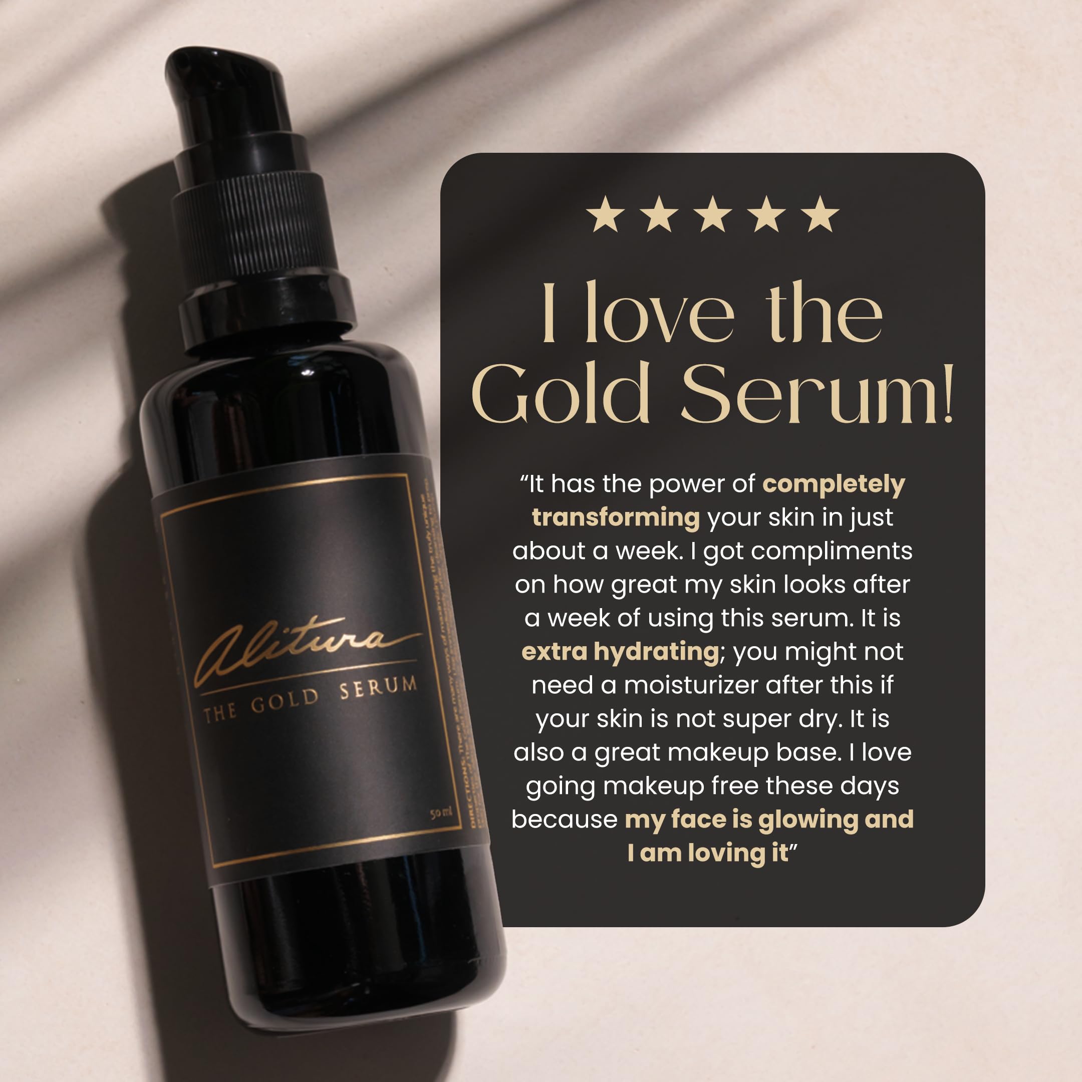 Alitura Gold Serum on skin shows improved radiance and texture after use.