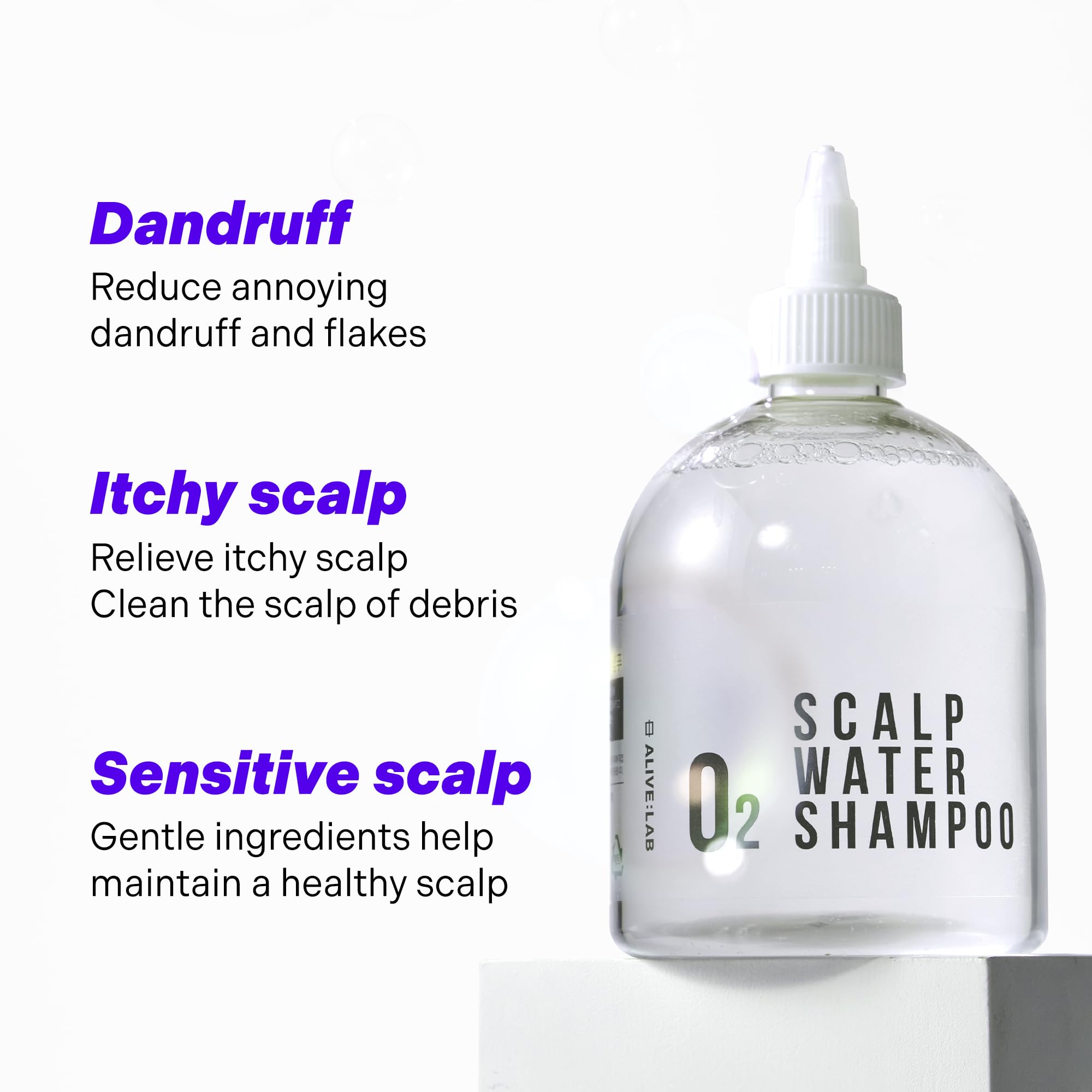 ALIVELAB O2 Scalp Water Shampoo hypoallergenic-tested label implies gentle use.