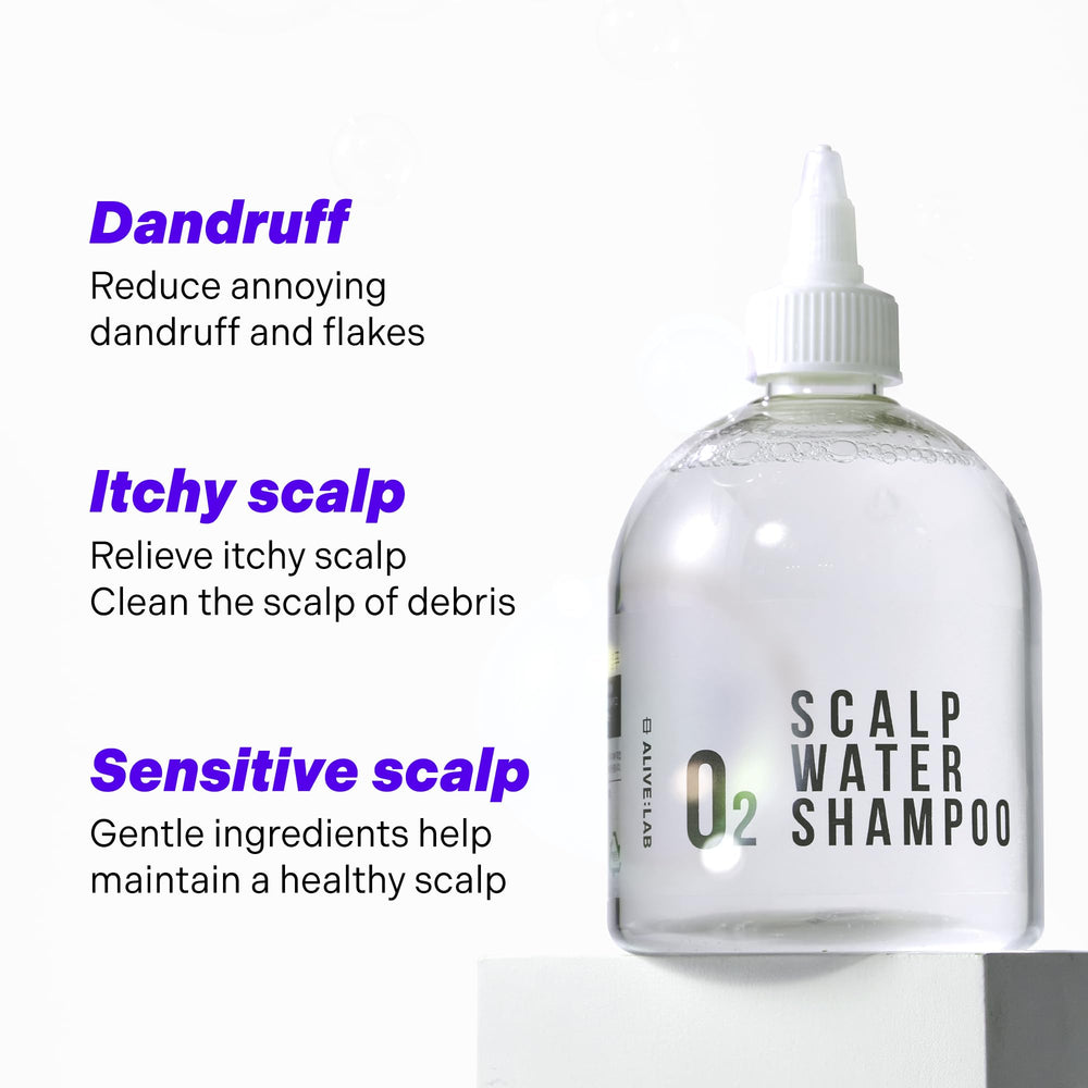 ALIVELAB O2 Scalp Water Shampoo hypoallergenic-tested label implies gentle use.