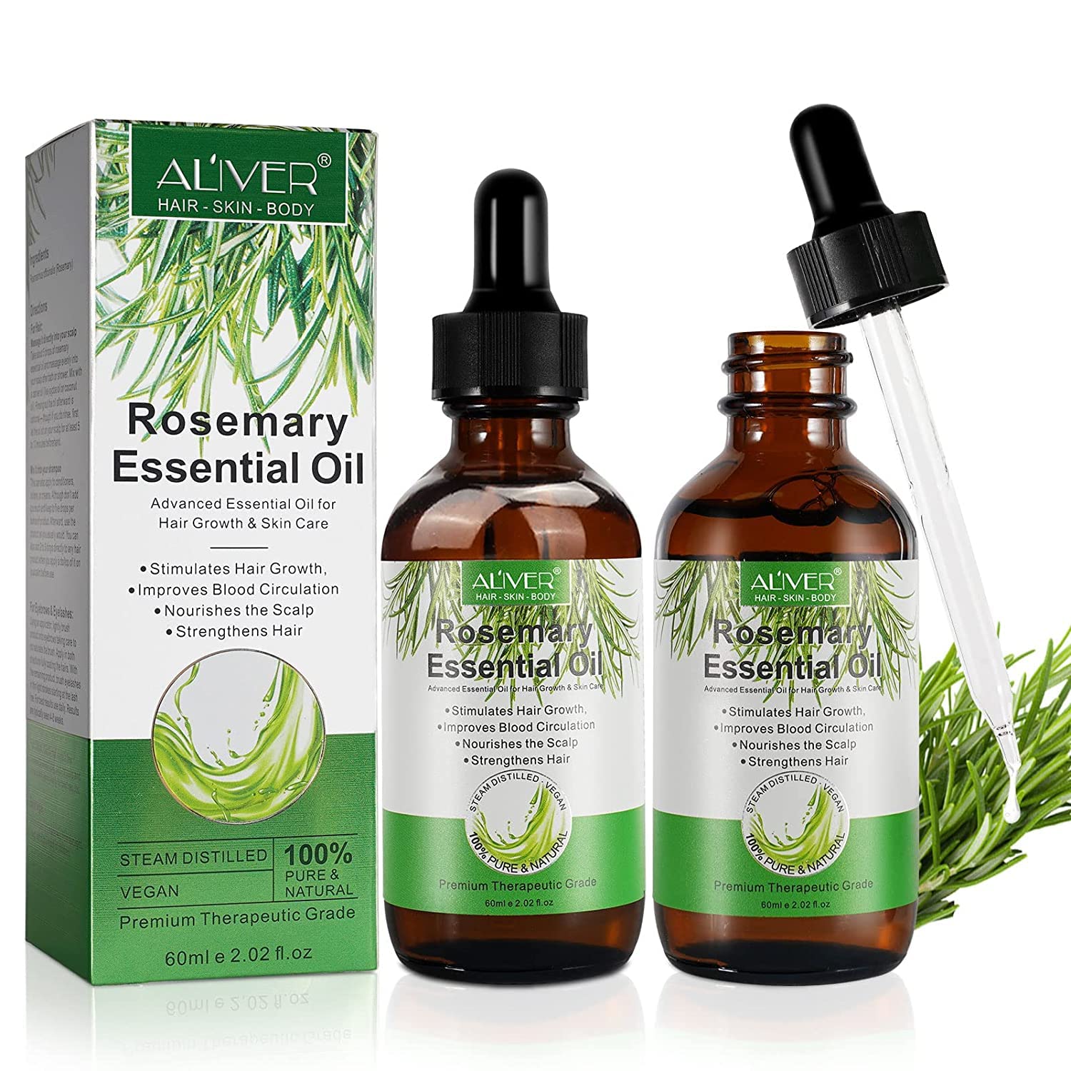 ALIVER Pure Natural Rosemary Oil bottle for 2-pack scalp care and hair nourishment