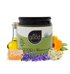 All Good Goop balm jar closeup highlights creamy texture for quick skin relief.
